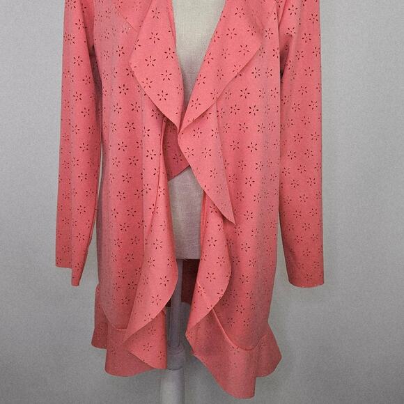New Cupio Peach Solid Ruffle Scuba Floral Eyelet Open Front Blazer Jacket Large - Picture 7 of 15